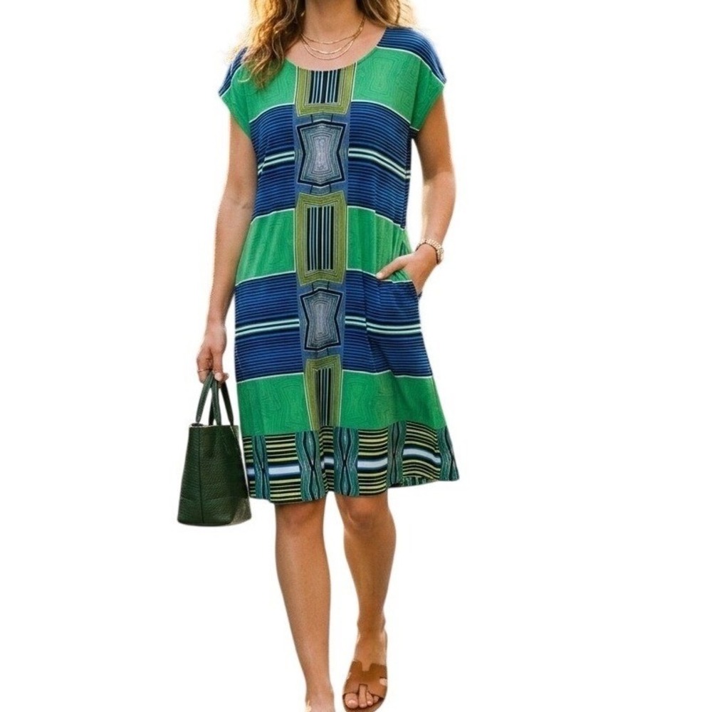 Laundry by Shelli Segal Green Blue Geometric Stripe Shift Dress Medium